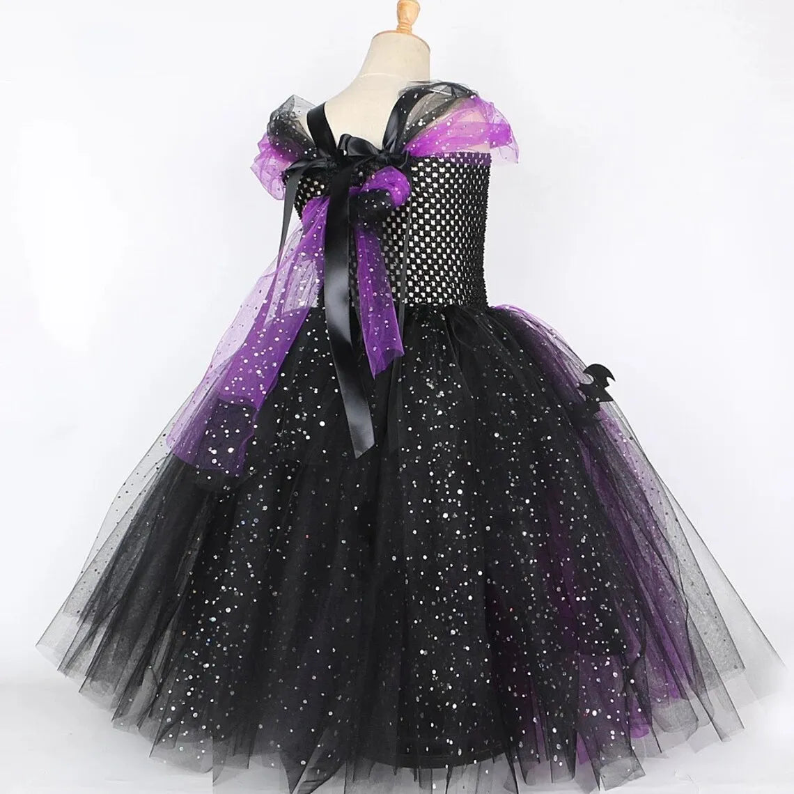 2025 Halloween Festive Party Girls Cosplay Witch Purple Puffy Sleeveless Bat Decoration Dress Girls Classic Festive Clothing Set