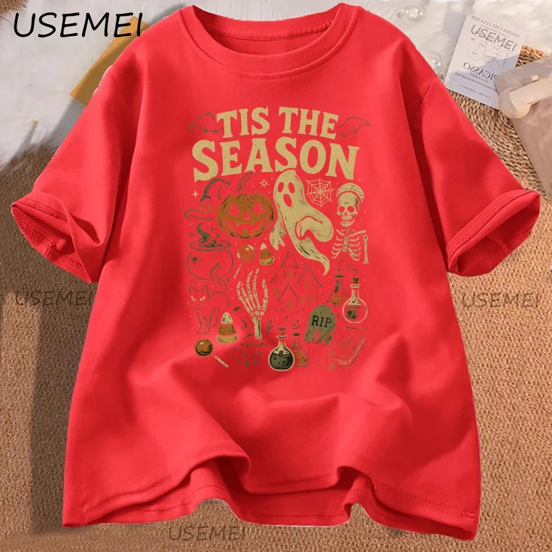 Retro Halloween T-Shirt Tis The Season Vintage Halloween Pumpkin Ghost Graphic Tee Men Women Loose Short Sleeve T-shirts Clothes