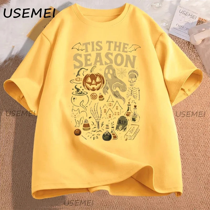 Retro Halloween T-Shirt Tis The Season Vintage Halloween Pumpkin Ghost Graphic Tee Men Women Loose Short Sleeve T-shirts Clothes