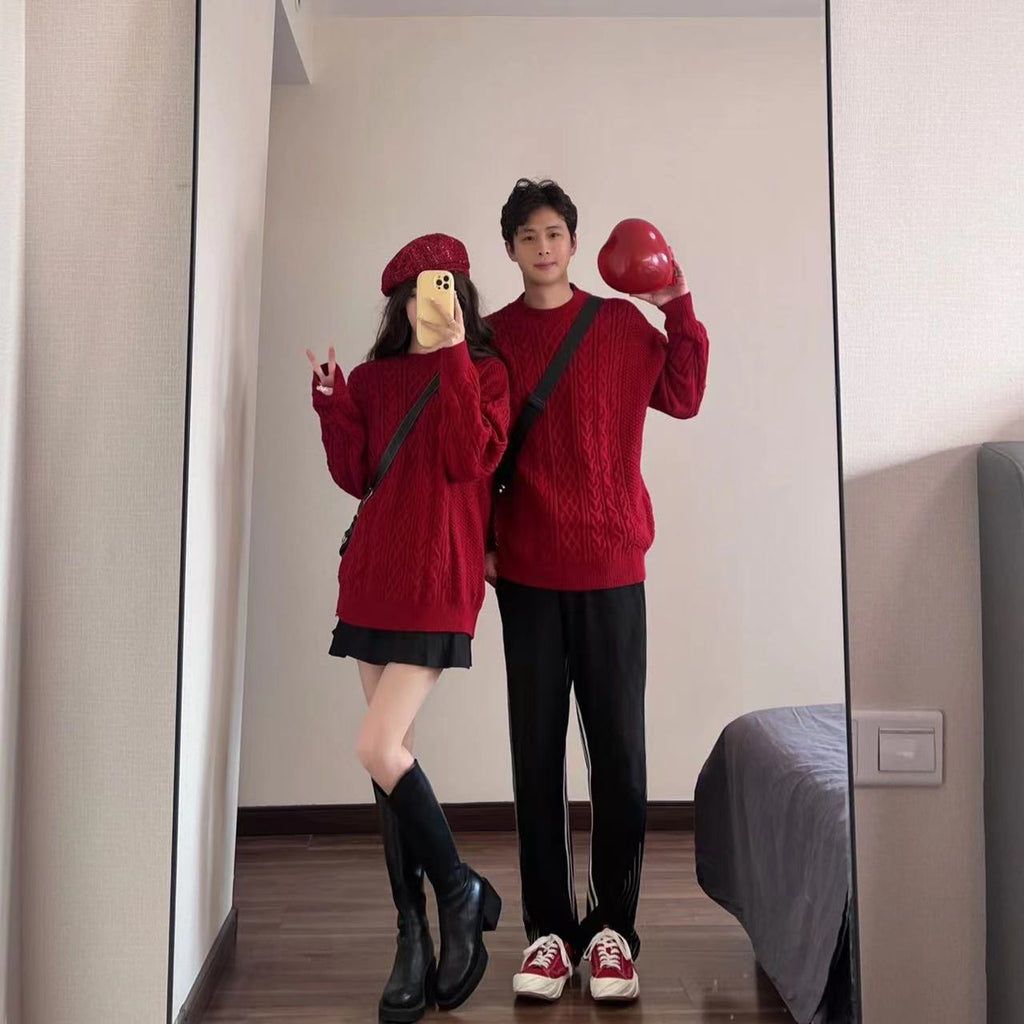 Couple's Red Sweater Men's Lazy Thick Hemp Flowers Knitwear Coat Cotton Knitwear Winter Wool