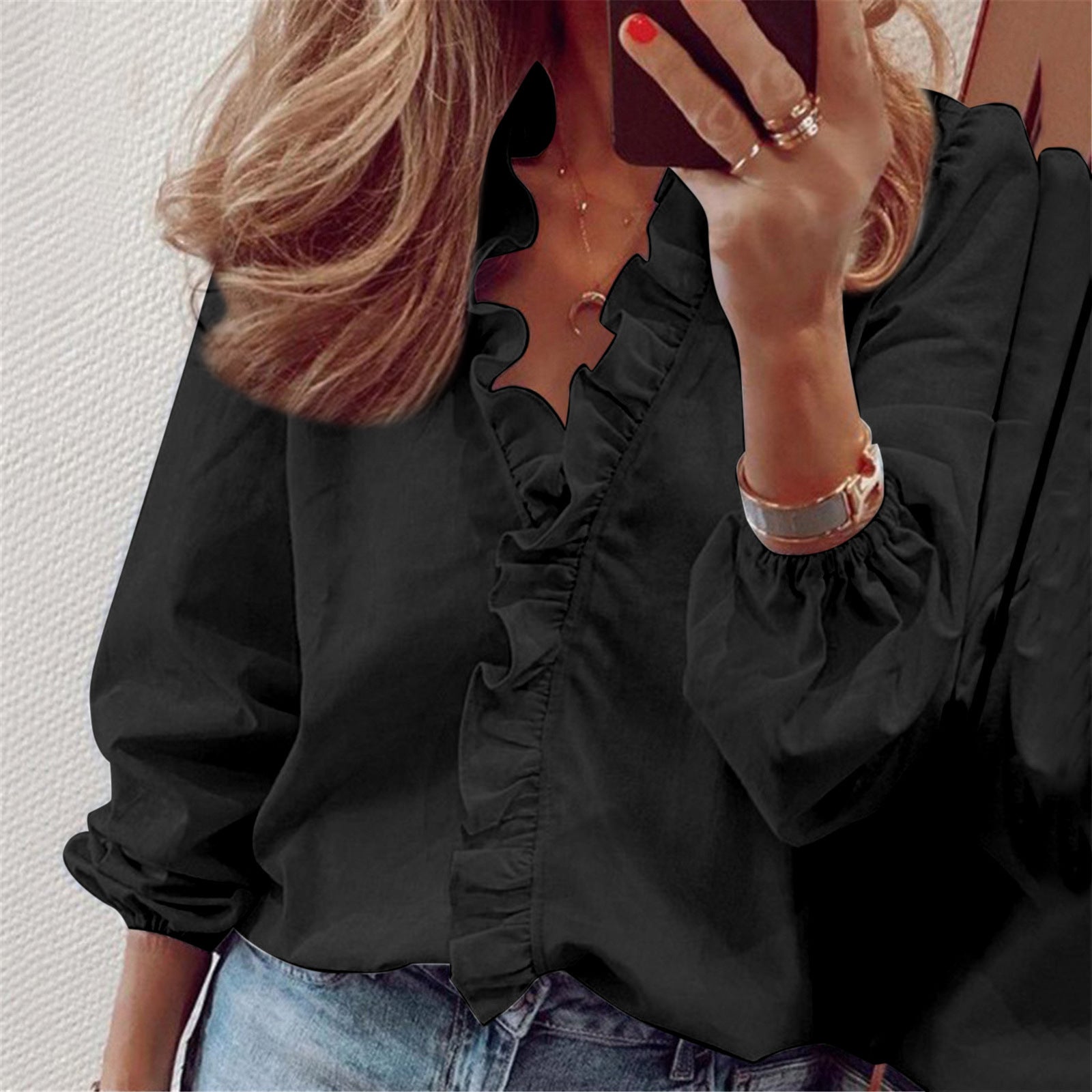 Ruffle Blouse Office Commuting Long-sleeved Pullover Shirt Women's Fashion Casual Daily Tops Clothing