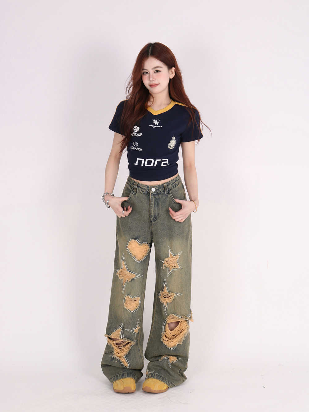 Retro Tattered Jeans Pants Love Wide Leg Jeans