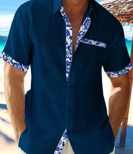 Beach Casual Short-sleeved Cardigan Cardigan Contrast Color Shirt