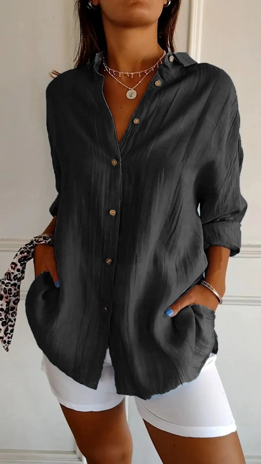 Lapel Long Sleeve Shirt Women's Single-breasted Pleated Shirt Tops Clothing