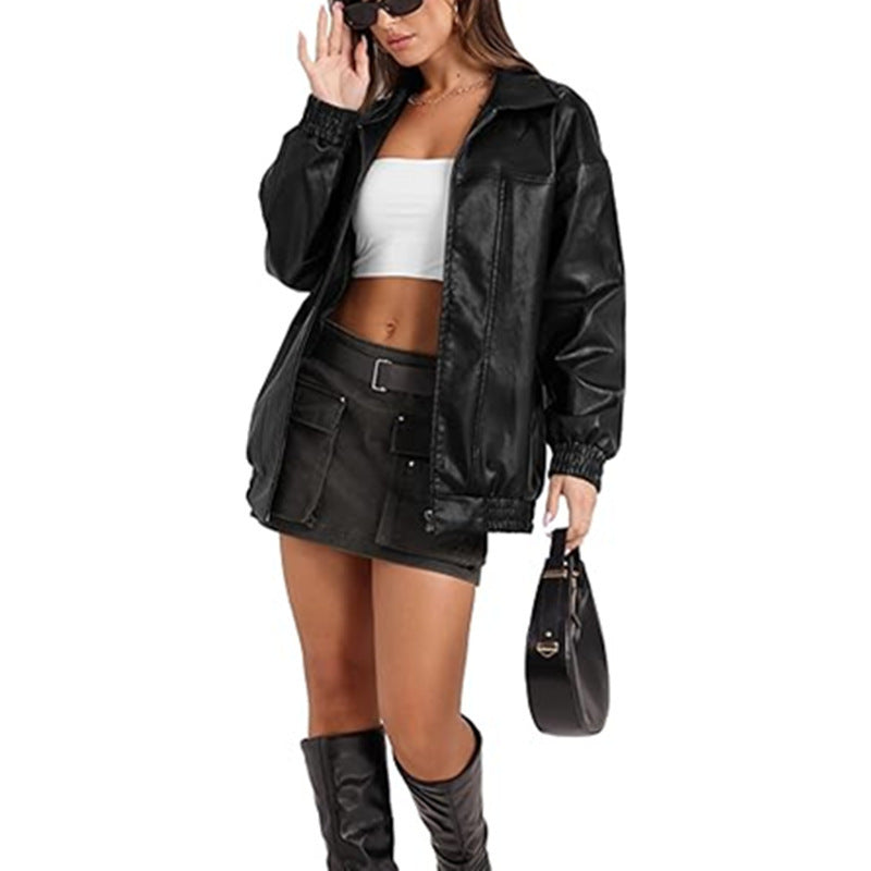 Long Sleeve Lapel Zipper Side Pocket Casual Trench Coat Women