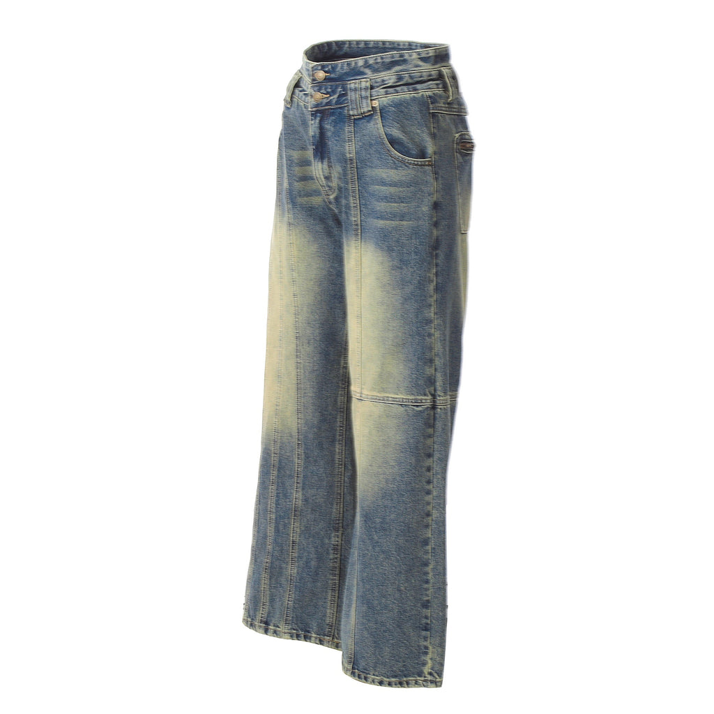 Retro Worn Looking Washed-out Jeans Deconstructed Stitching Design Loose All-match