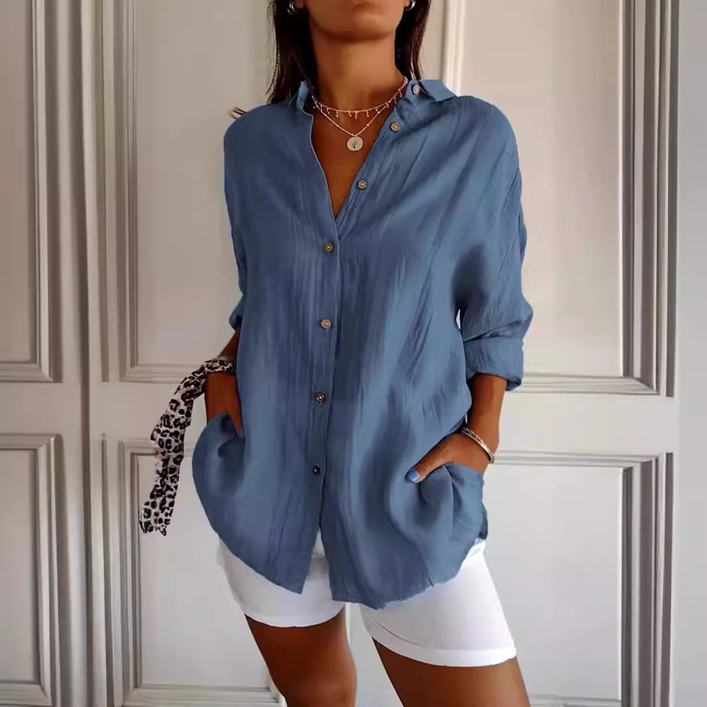 Lapel Long Sleeve Shirt Women's Single-breasted Pleated Shirt Tops Clothing