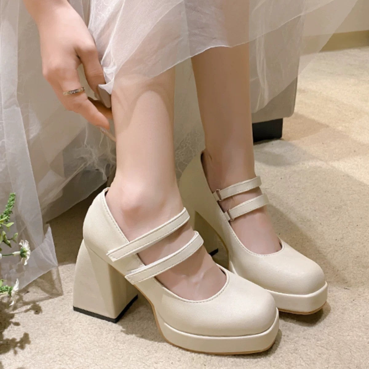 White Mary Jane Chunky Heel Wedding Shoes