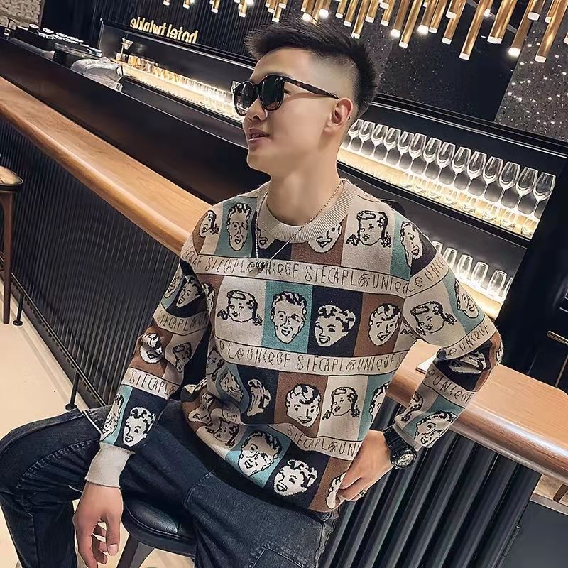 Contrast-color Fashionable Knitwear Crew-neck Sweater For Men
