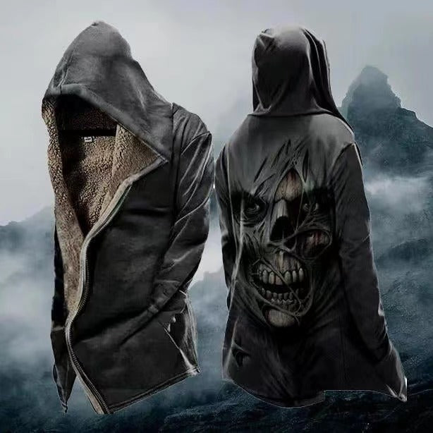 Autumn Winter Fleece Thickened Skull Print Coat Trench Coat