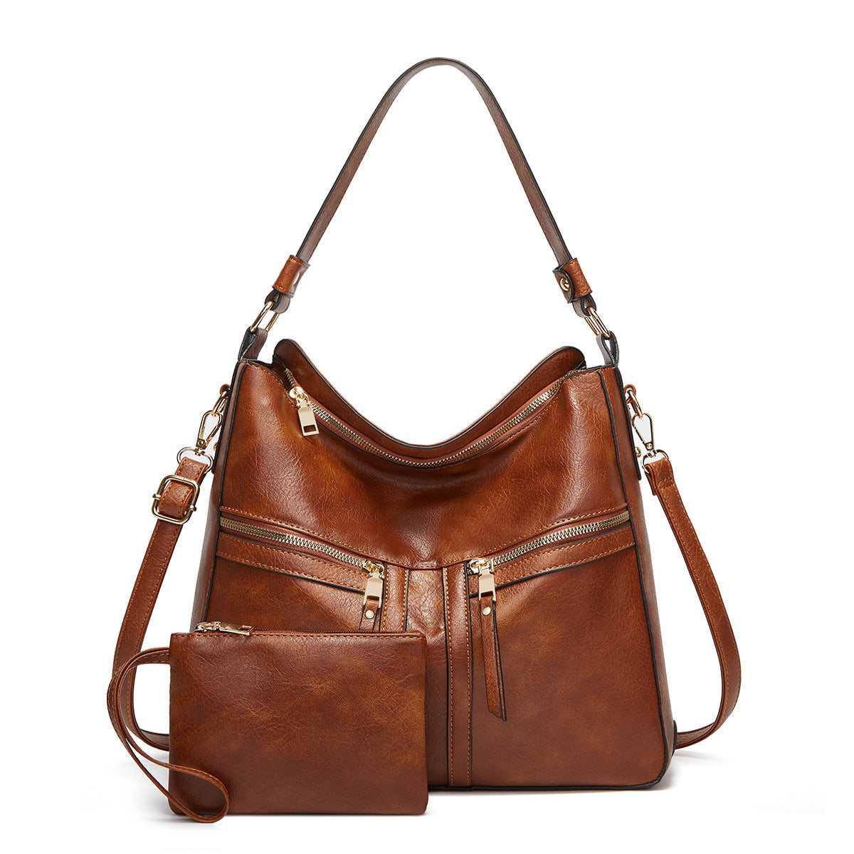 Trendy Double Zipper Soft Leather Large Capacity Totes