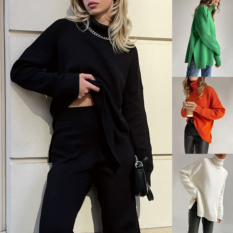 Loose Pullover Sweater Fashion Split High Neck Versatile Sweater Women