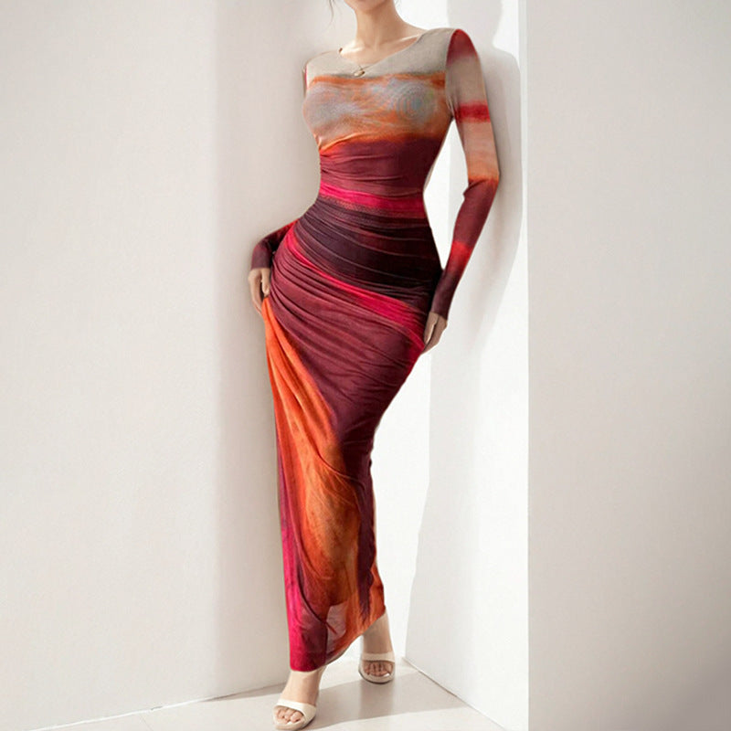 Tie-dyed Long Sleeve Slim Fit Hot Girl Long Dress Women