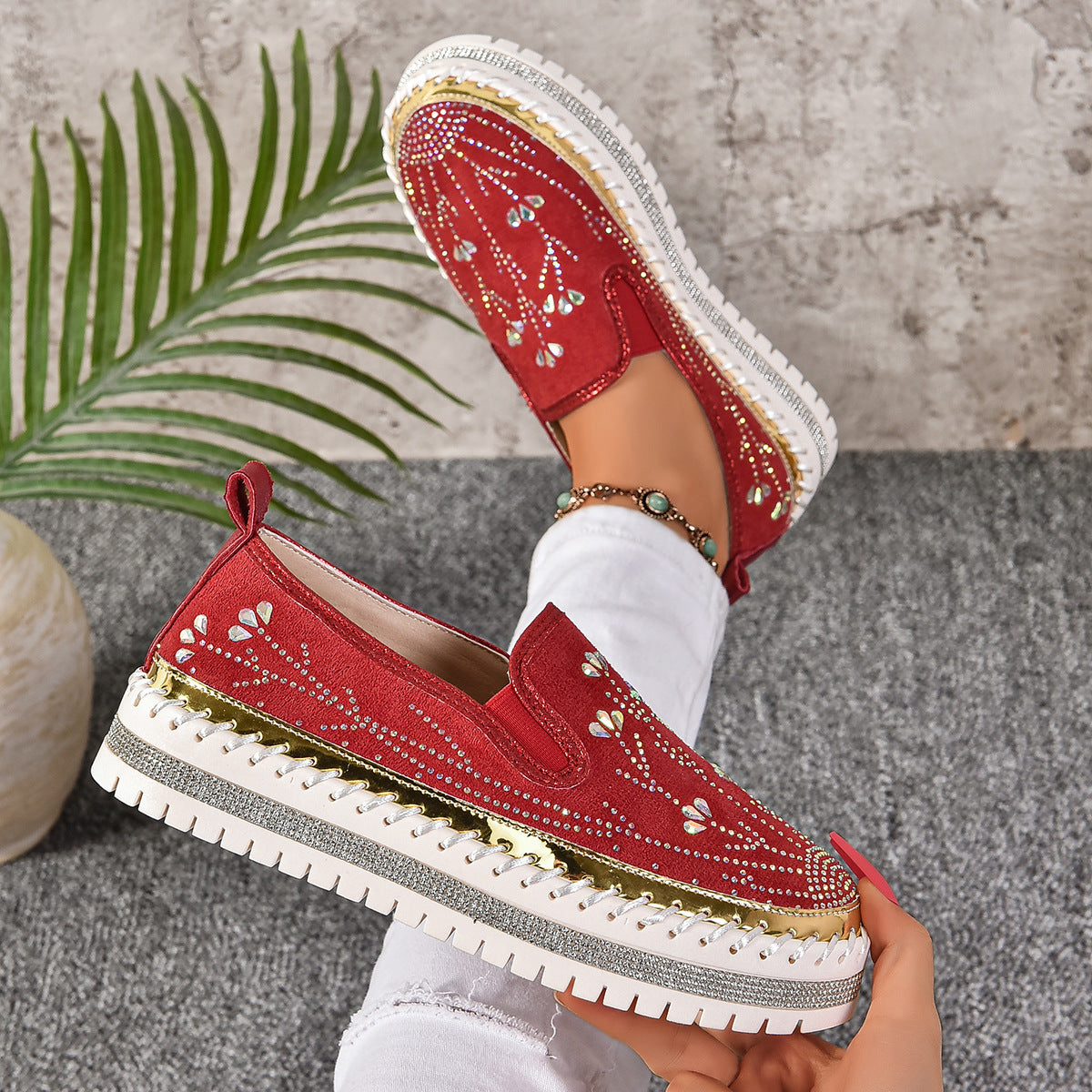 Casual Sneakers Slip-on Rhinestone Platform Thick Bottom Shoes