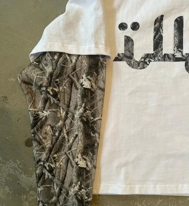 Niche Design Stitching Letter Print Round Neck Long Sleeve T-shirt