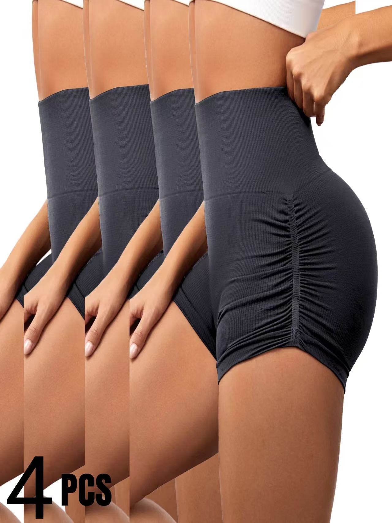 4 PCS Sexy Solid Color Women Fitness Sport Short High Waist Athletic Yoga Short Leg Cycling Comprehensive Training Jogging Squat Proof Summer Solid Color Women's Seamless Yoga Shorts