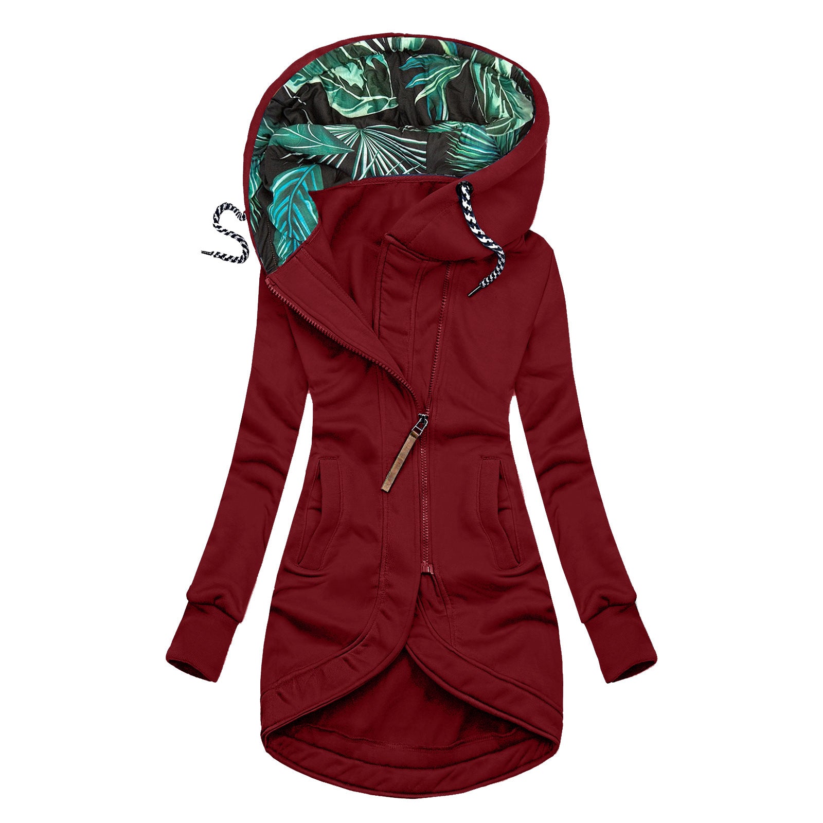 Solid Colour Printed Hooded Long Sleeve Jacket