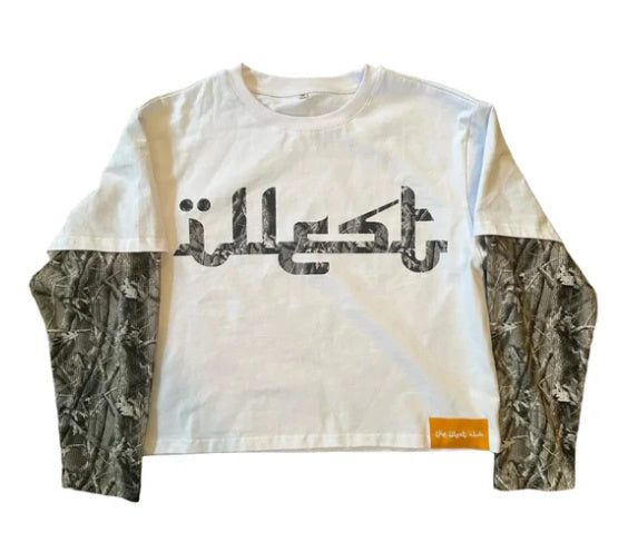 Niche Design Stitching Letter Print Round Neck Long Sleeve T-shirt