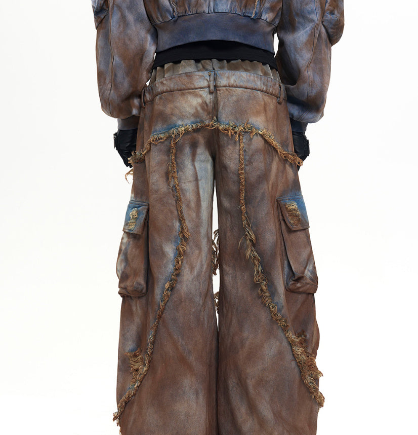 Waste Soil Wind Old Mud Dyed Fake Two Pieces Jeans