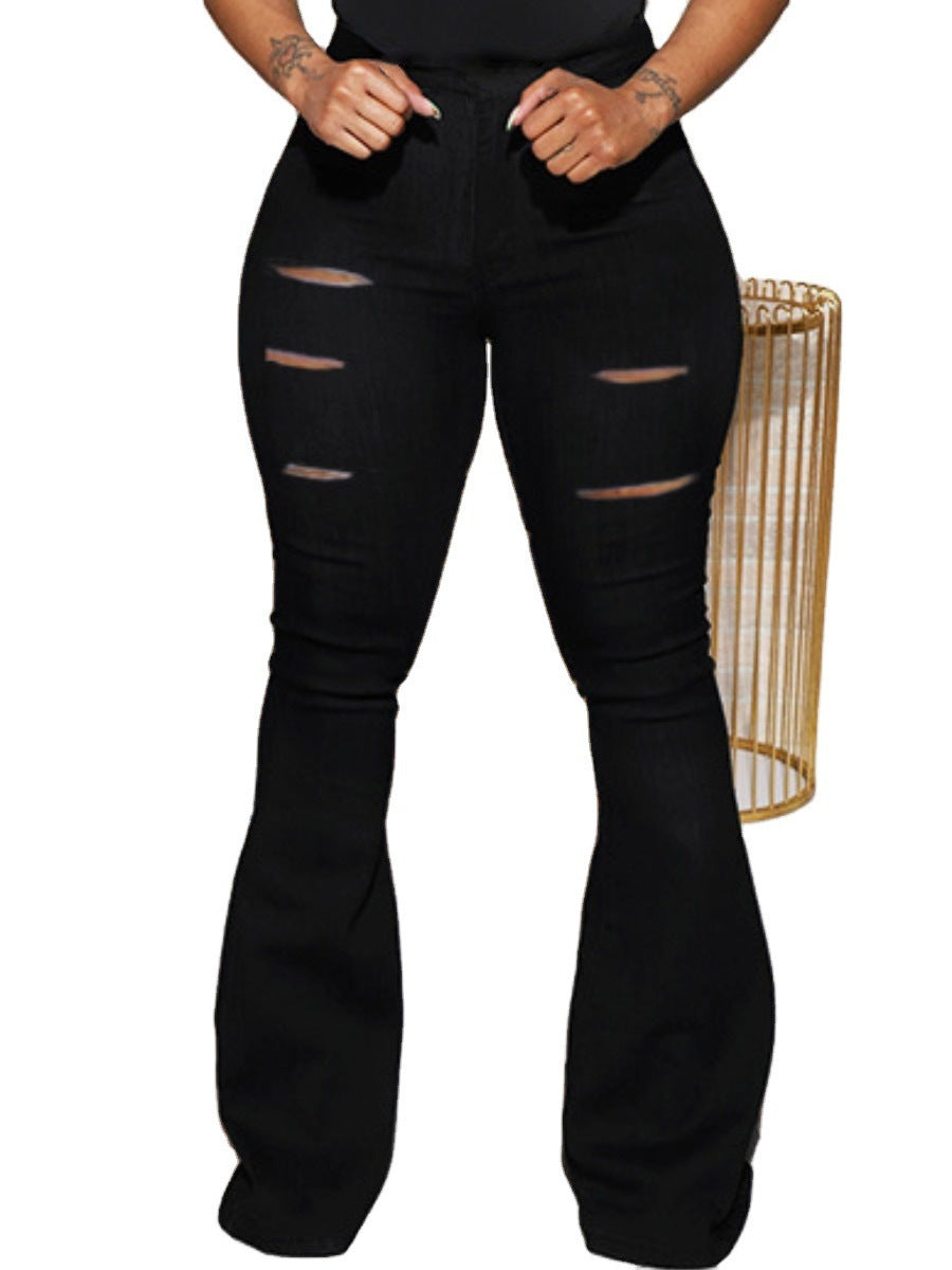 High Waist Slim Cut Flower Ripped Women's Clothing Bootcut Trousers