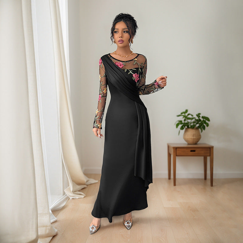 Retro Temperament Crew Neck Mesh Embroidery Stitching Long Sleeve Dress Women