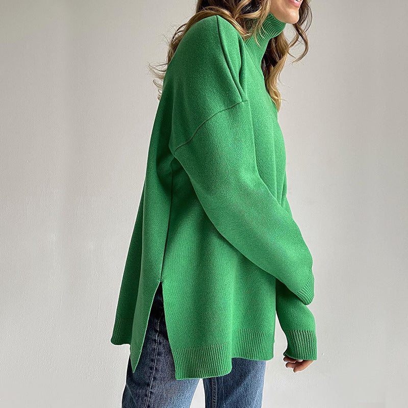 Loose Pullover Sweater Fashion Split High Neck Versatile Sweater Women
