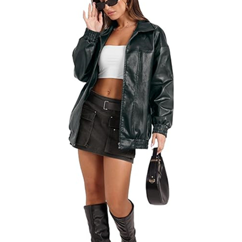 Long Sleeve Lapel Zipper Side Pocket Casual Trench Coat Women