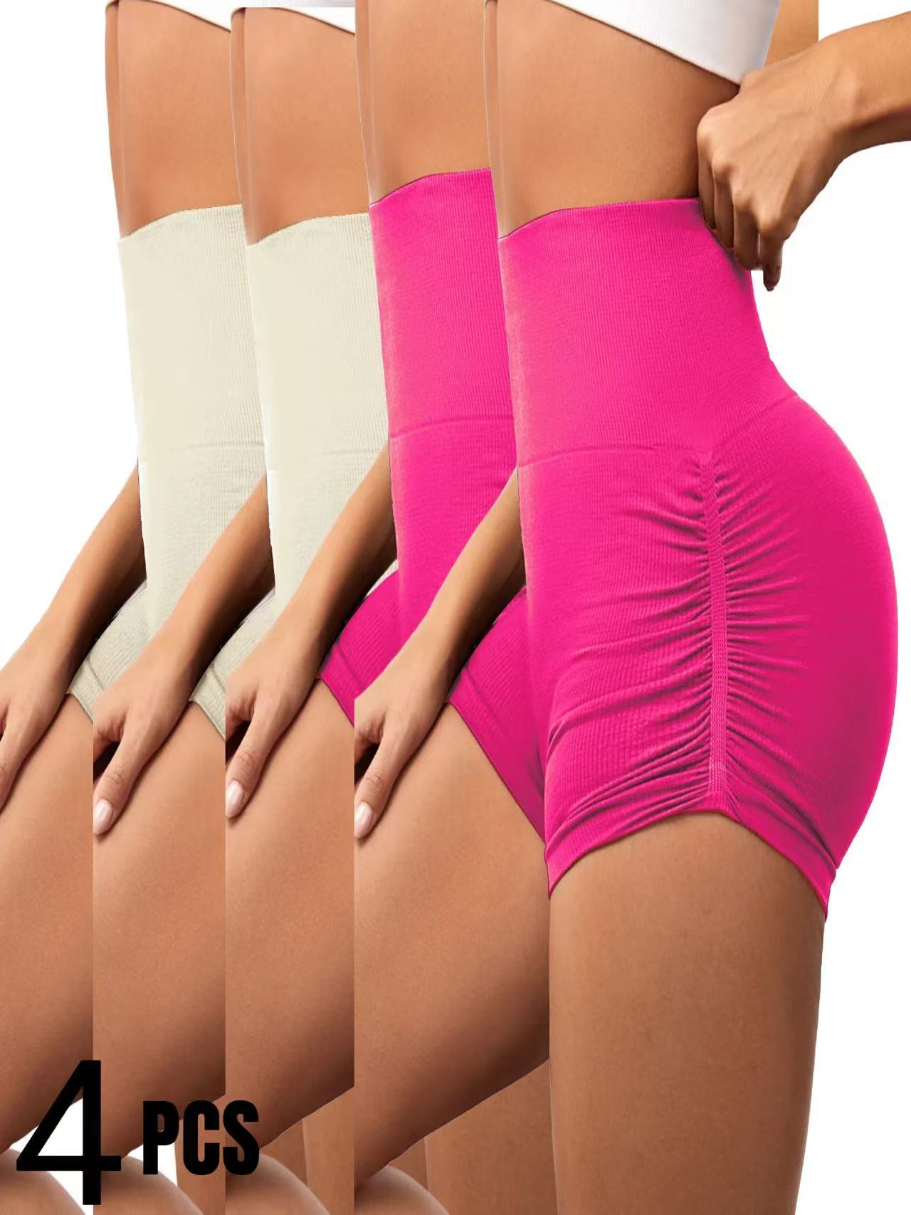 4 PCS Sexy Solid Color Women Fitness Sport Short High Waist Athletic Yoga Short Leg Cycling Comprehensive Training Jogging Squat Proof Summer Solid Color Women's Seamless Yoga Shorts