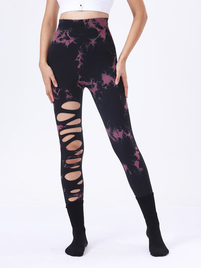 5 Pack Wholesale Fashion Women Sports Yoga High Waist Tie Dye Print Ripped Hollow Leggings Pants