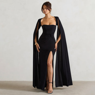 Square Collar Mop Long Sleeve High Slit Solid Color Dress