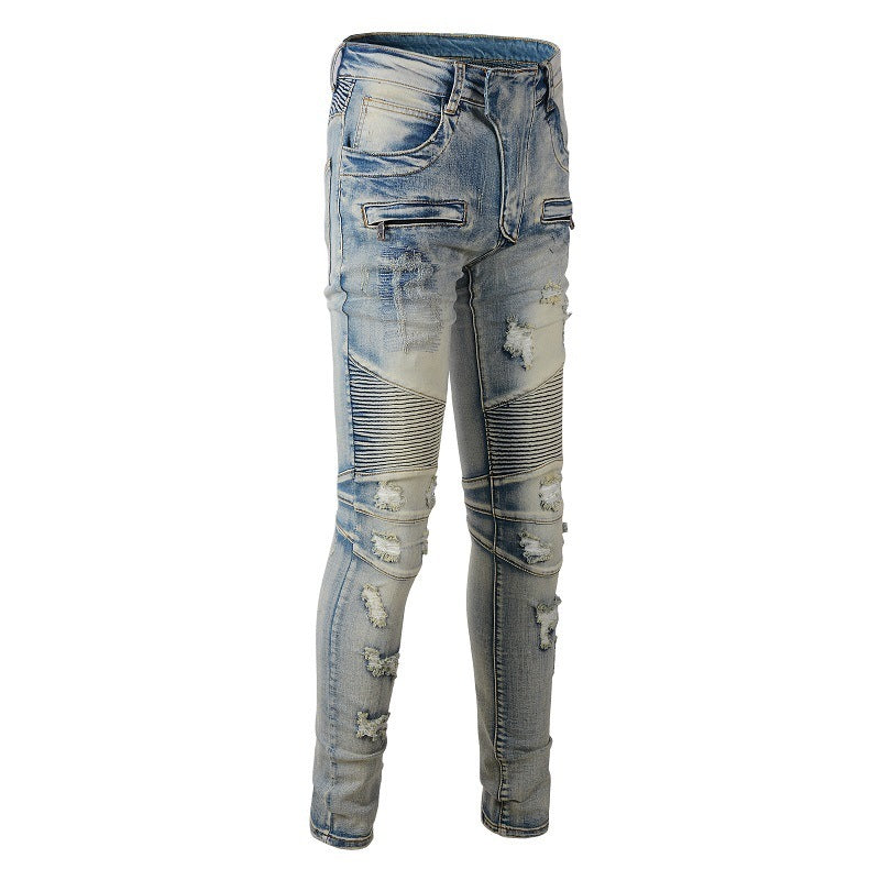Hand Frayed Beggar Style Distressed Slim Stretch American Men's Jeans