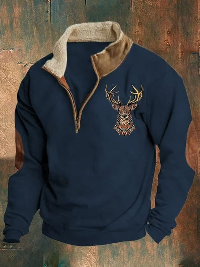 Printed Men's Long Sleeve Stand Collar Half Zip Sweater Neck Fleece-lined