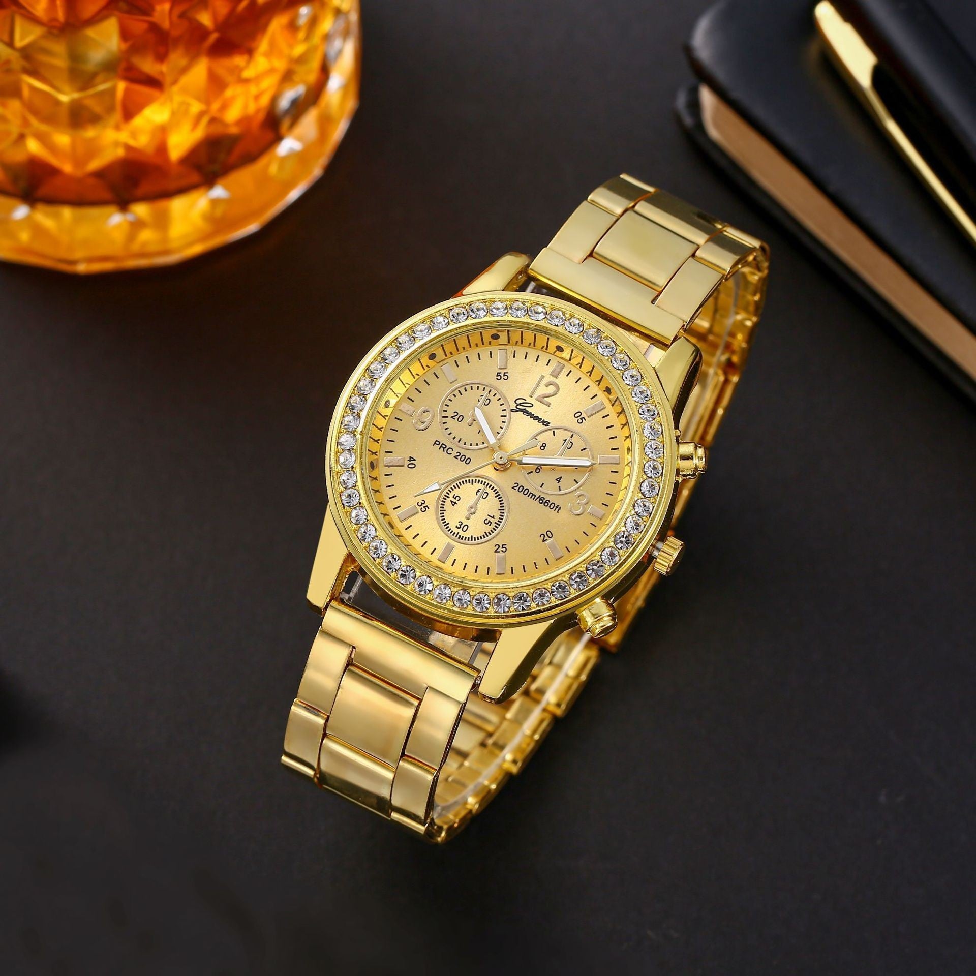 Geneva Steel Belt Gold Quartz Watch