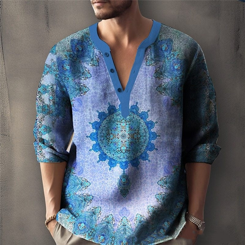 Printed Casual V-neck Men's Loose Jacquard Sweater Long Sleeve
