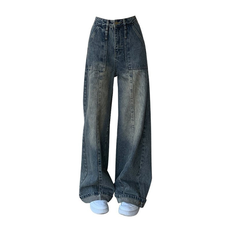 Thin Gradient Vintage Jeans Women Loose Wide-leg Straight Pants