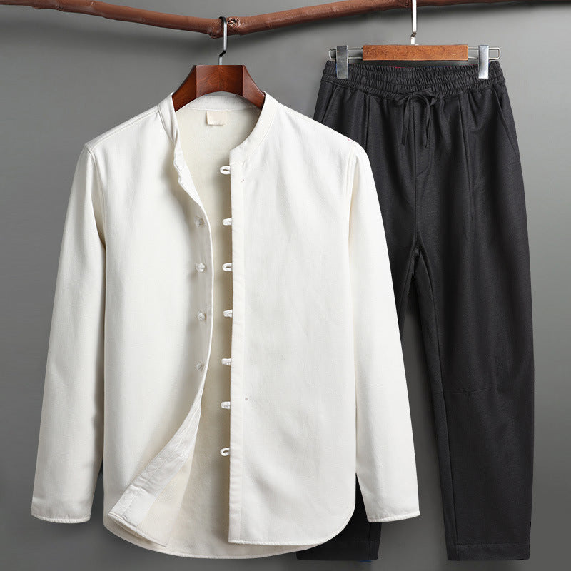 Tang Suit Outfit Chinese Retro Buckle Stand Collar Long Sleeve Cotton Linen Undershirt Coat