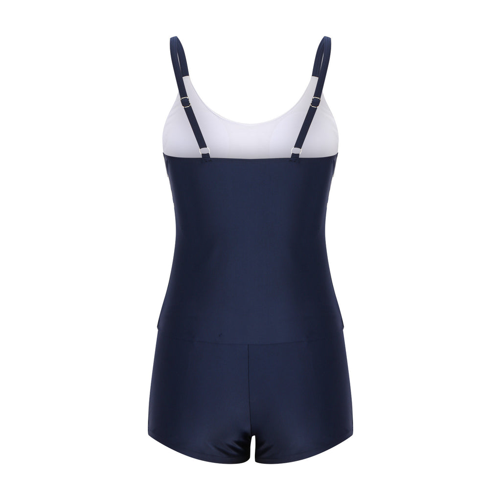 Ladies Conservative Stripe Boyshorts Split Fashion Swimsuit