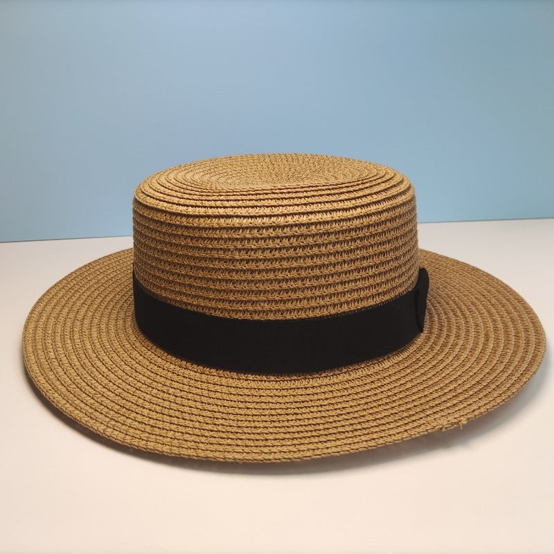 Black Decorative Band Flat Straw Hat High-grade