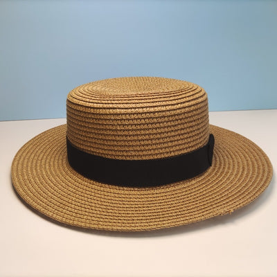 Black Decorative Band Flat Straw Hat High-grade