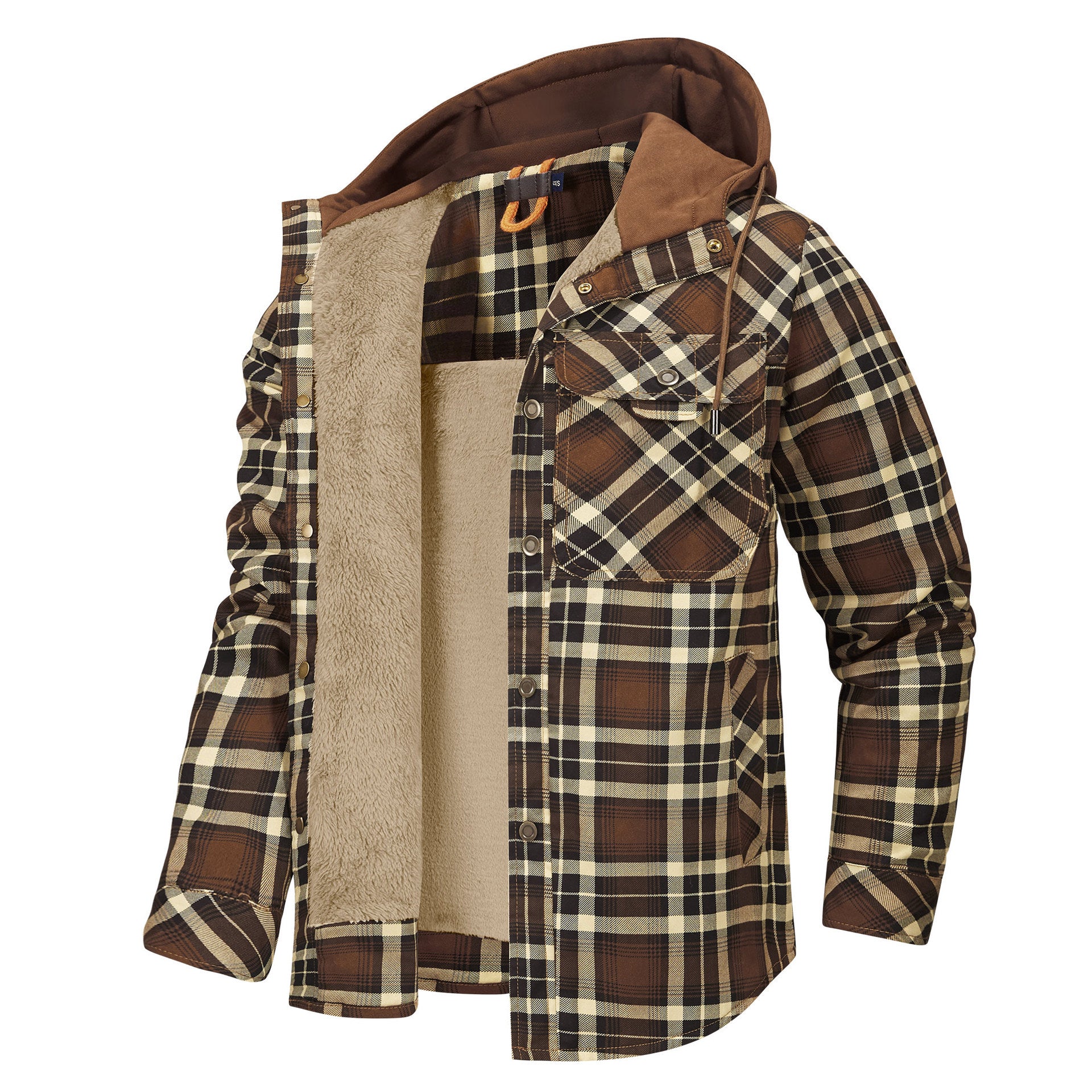 Men's Long Sleeve Velvet Thickened Hooded Plaid Shirt Coat