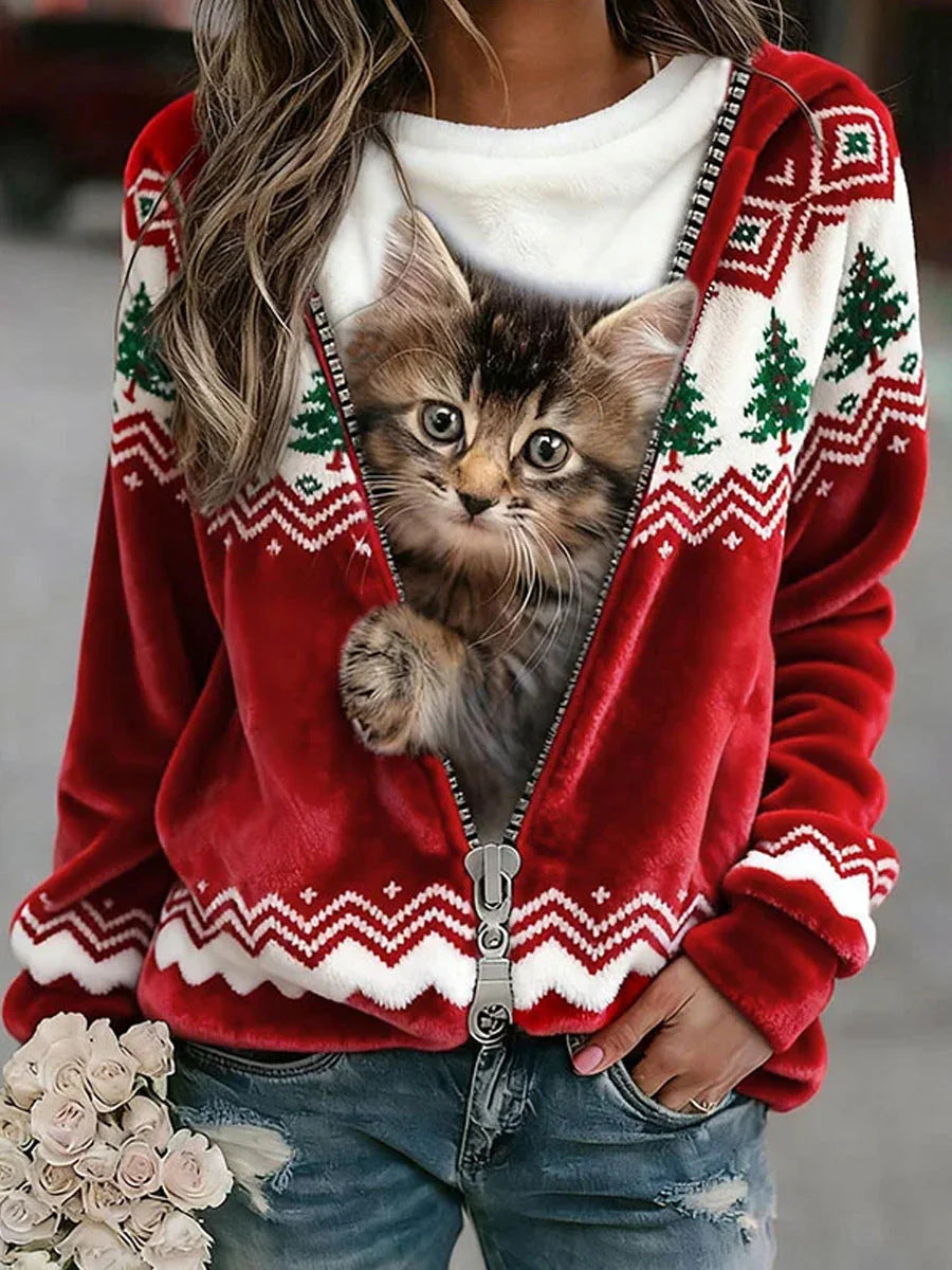 3D Digital Printed Flannel Christmas Women's Crew-Neck Sweater