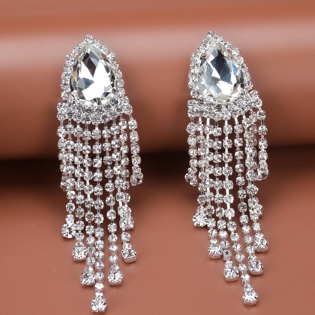 Rhinestone Tassel Earrings Big-name Drop-shaped