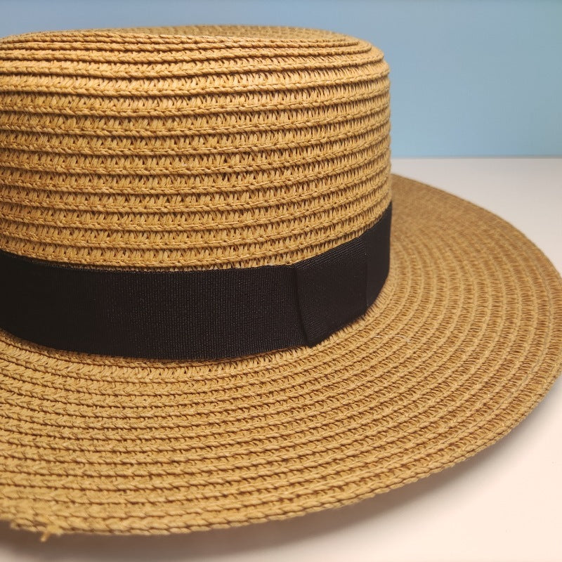 Black Decorative Band Flat Straw Hat High-grade