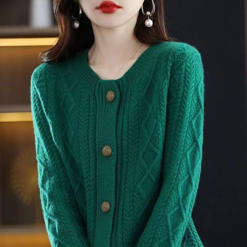 Pure Wool Diamond-patterned Outerwear Or Layering Crew-neck Knit Sweater