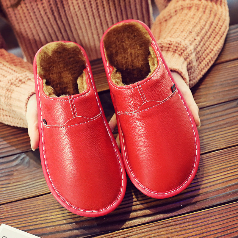 Pure Leather Thermal Cotton Slippers Couple Household Cowhide Waterproof
