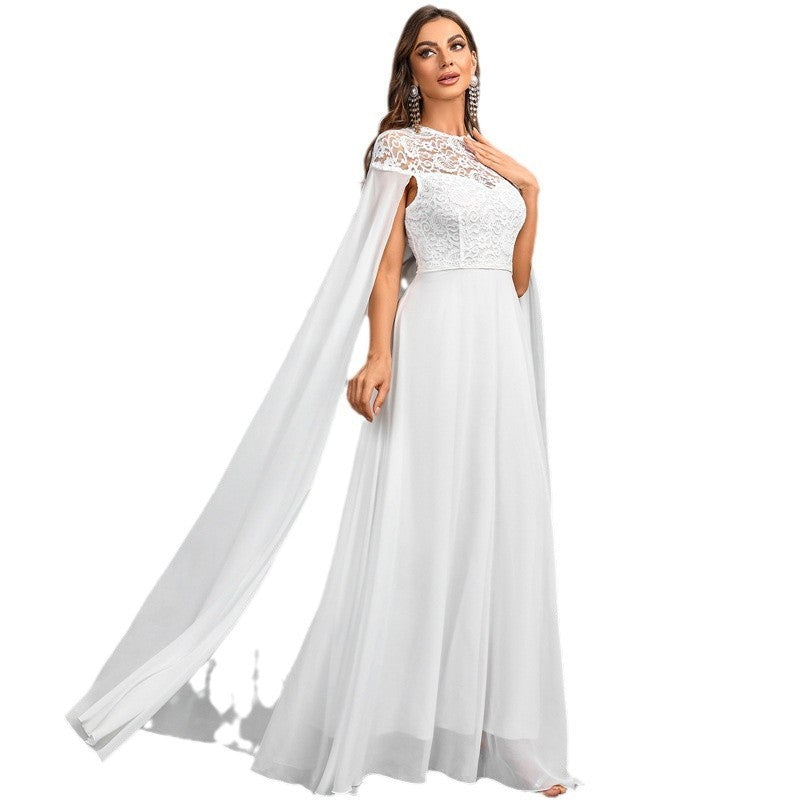 Women's Plus Size Solid Color Elegant Chiffon Round Neck Lace Stitching Cloak Evening Dress