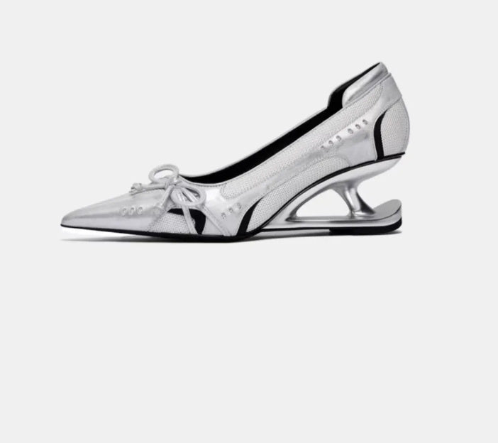 Women's Black Pointed Toe Shaped Floating Heel Mary Jane Shoes