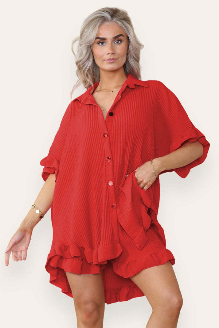 Women Casual Oversized Gold Button Pleated Frilled Ruffle Short Sleeves Shirt Top And Short Co Ord Set