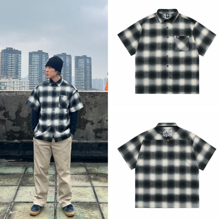 Large Plaid Classic Pocket Half Sleeve Cardigan Short Sleeve Shirt