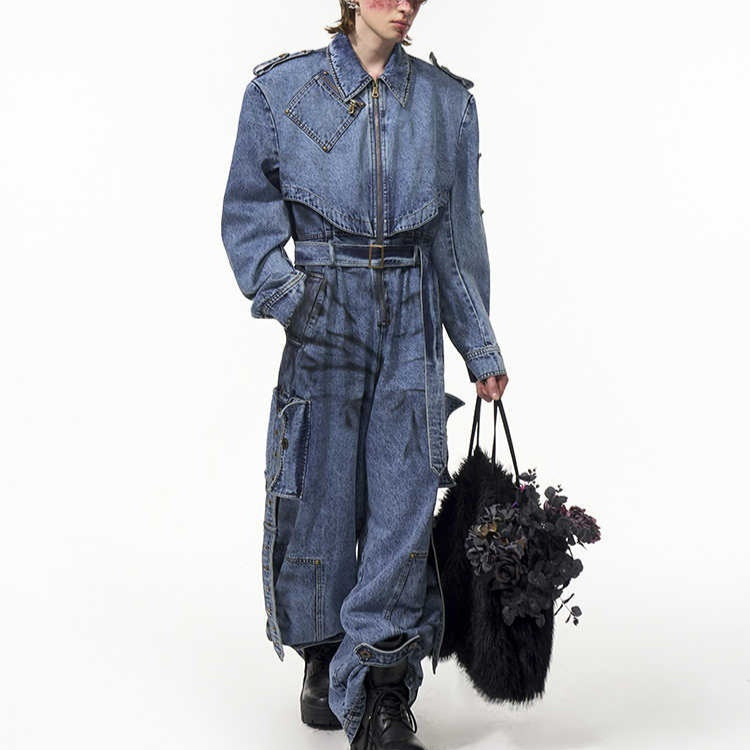 Dirty Dyed Denim Jumpsuit Men's Washed Blue Zipper Jeans